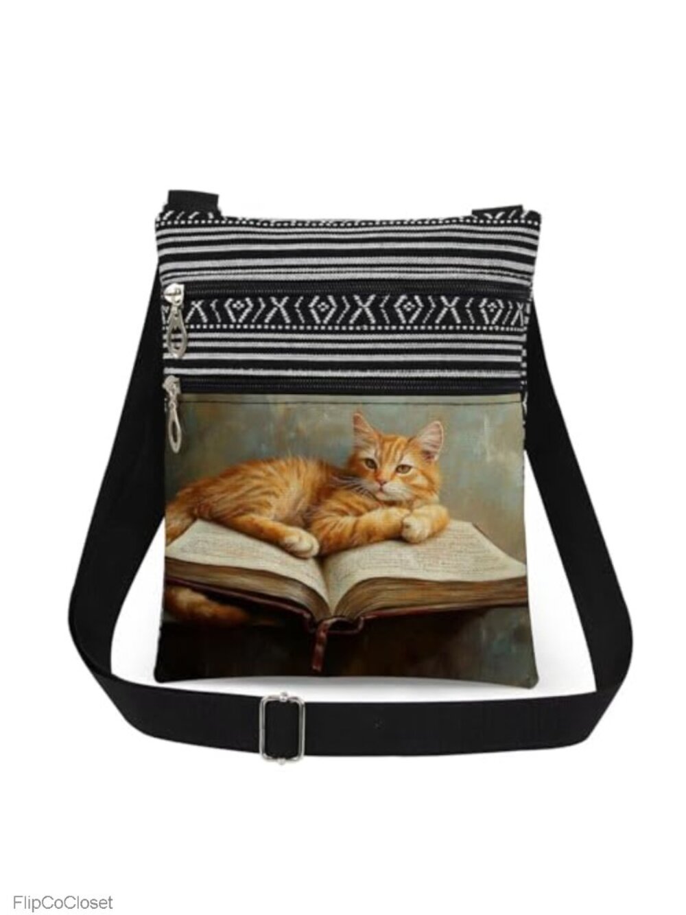 Polyester Cat Art Print Crossbody Bag Adjustable Strap Dual Pocket